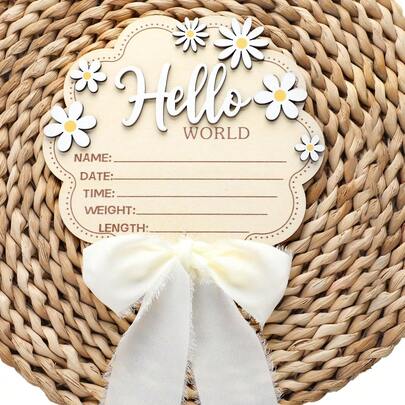 6.1英寸粉色蝴蝶结花朵婴儿出生公告牌，“你好，世界”新生儿公告板，个性化木质欢迎牌，医院婴儿室礼物，准妈妈礼物