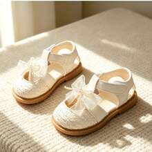 女童夏季新款米色编织包头凉鞋，珍珠蝴蝶结公主鞋，柔软防滑魔术贴易穿脱婴儿鞋 - 米色 - 查看 2