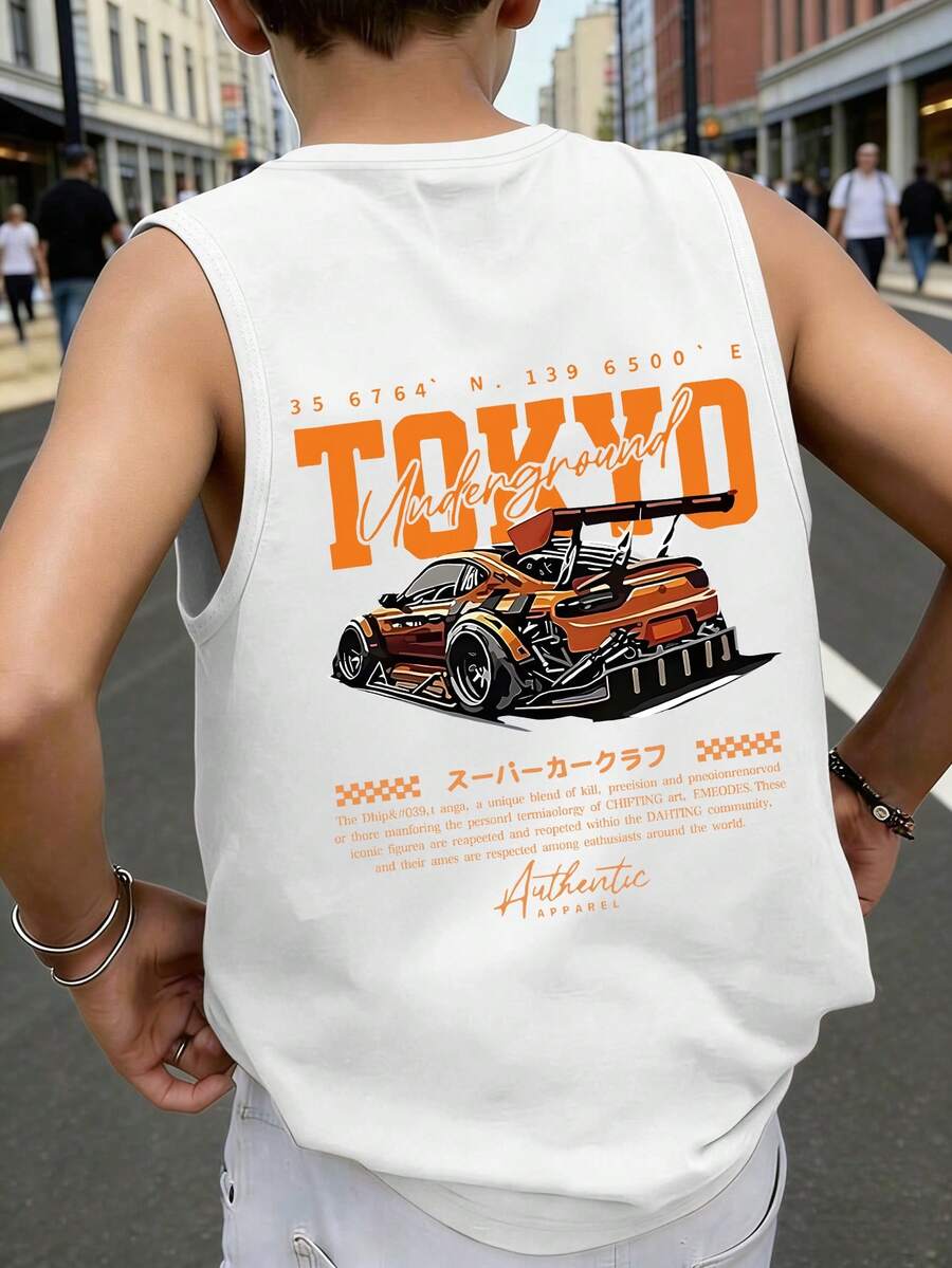 Jungen Tokyo Racing Car Grafik Trägershirt - Lässiges Y2K Streetwear Drifting Car Muster ärmelloses Casual Sommer Skateboard Top - Weiss - Übersicht 1