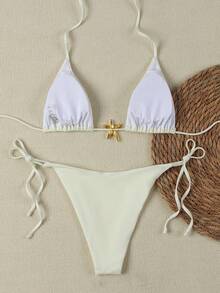 Bộ bikini màu trắng thời trang, trang trí hình sao biển kim loại và thiết kế buộc cổ, được làm từ chất liệu co giãn cao, thoải mái, là trang phục đi biển thanh lịch, phù hợp cho mùa hè, kỳ nghỉ của phụ nữ, du lịch biển, tiệc tùng, các hoạt động bên bờ biển và những ngày đi biển, bơi lội thời trang. - trắng - Xem 3
