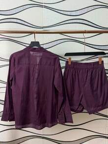 Linen Shirt And Shorts Set (2 Pieces) - Purple With Pockets - View 3