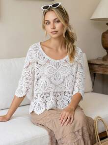 Bohemian Style Floral Lace Trim Puff Sleeve Top - Casual Loose Beach Cover Up For Summer - White - View 6