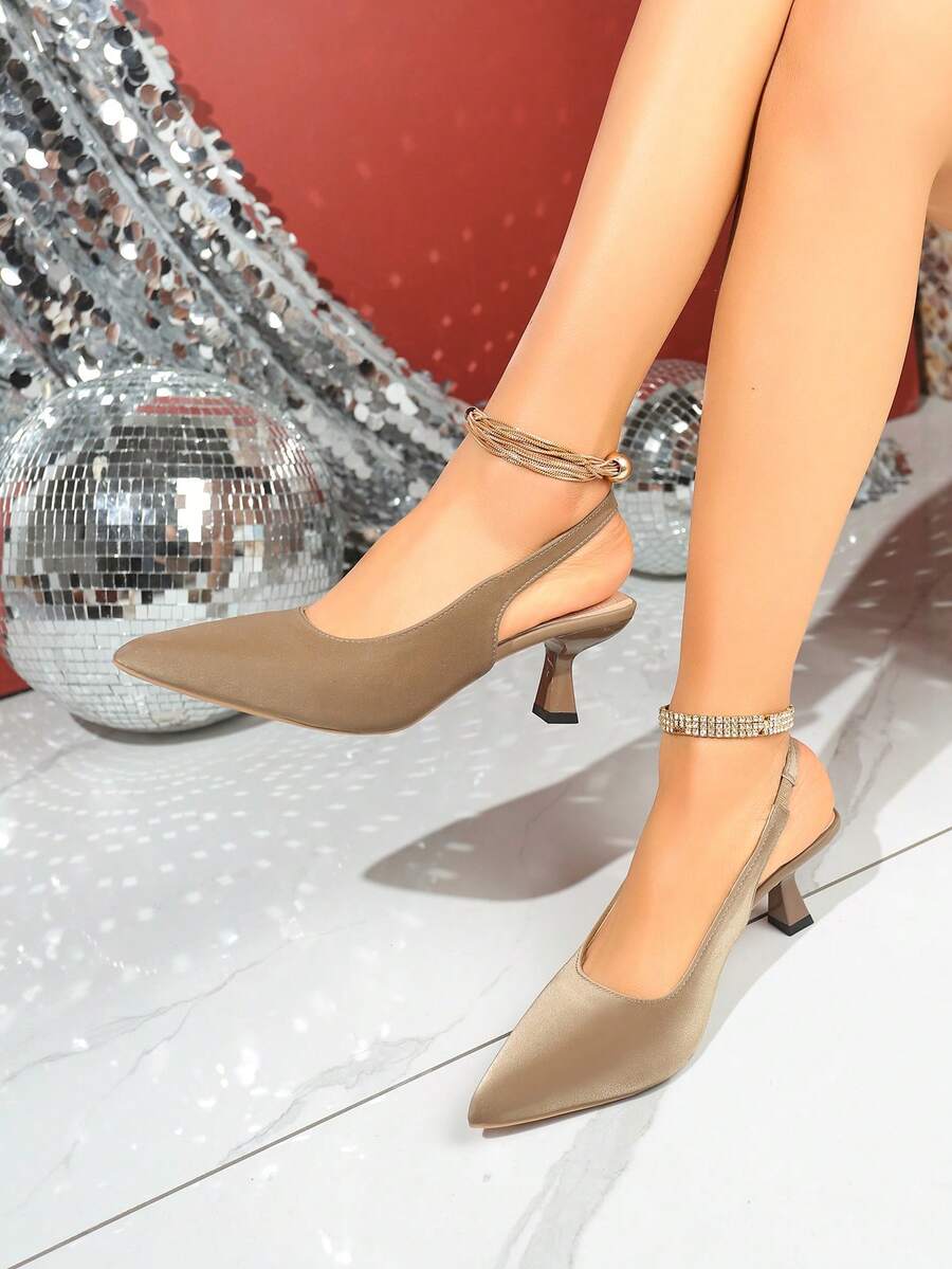 Tacones de punta fina con tira trasera para mujer, elegantes tacones de gatito, ligeros, de punta cerrada, para oficina y fiesta, color caqui - Caqui - Ver 1