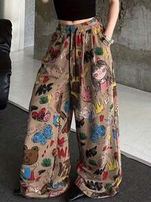 Women's Cartoon Print Wide Leg Pants, Loose Casual Trousers Spring - Khaki - View 8