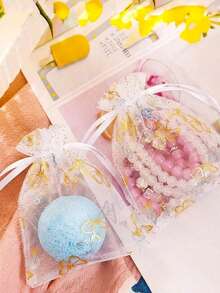 40 Stück kleine weiße & goldene Schmetterling Deko transparente Organza Zugbeutel, Muster mit goldenen Schmetterling- & Blumenmuster, geeignet für Schmuck, Party Geschenke - A - Übersicht 3
