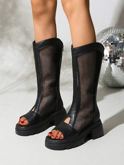 2026 New Mesh Open Toe Boots For Women, Summer Thick Sole Platform Tall Boots, Versatile Slimming Breathable High Shaft Mesh Boots