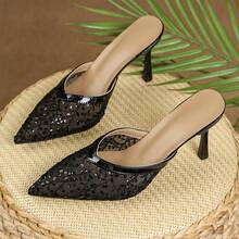 蕾丝拼接透明绑带高跟凉鞋，尖头低帮春季新品，超高跟派对鞋 - 黑色 - 查看 1