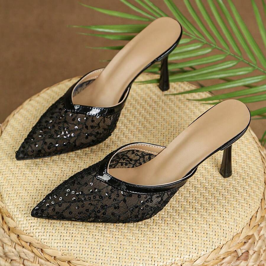 蕾丝拼接透明绑带高跟凉鞋，尖头低帮春季新品，超高跟派对鞋 - 黑色 - 查看 1