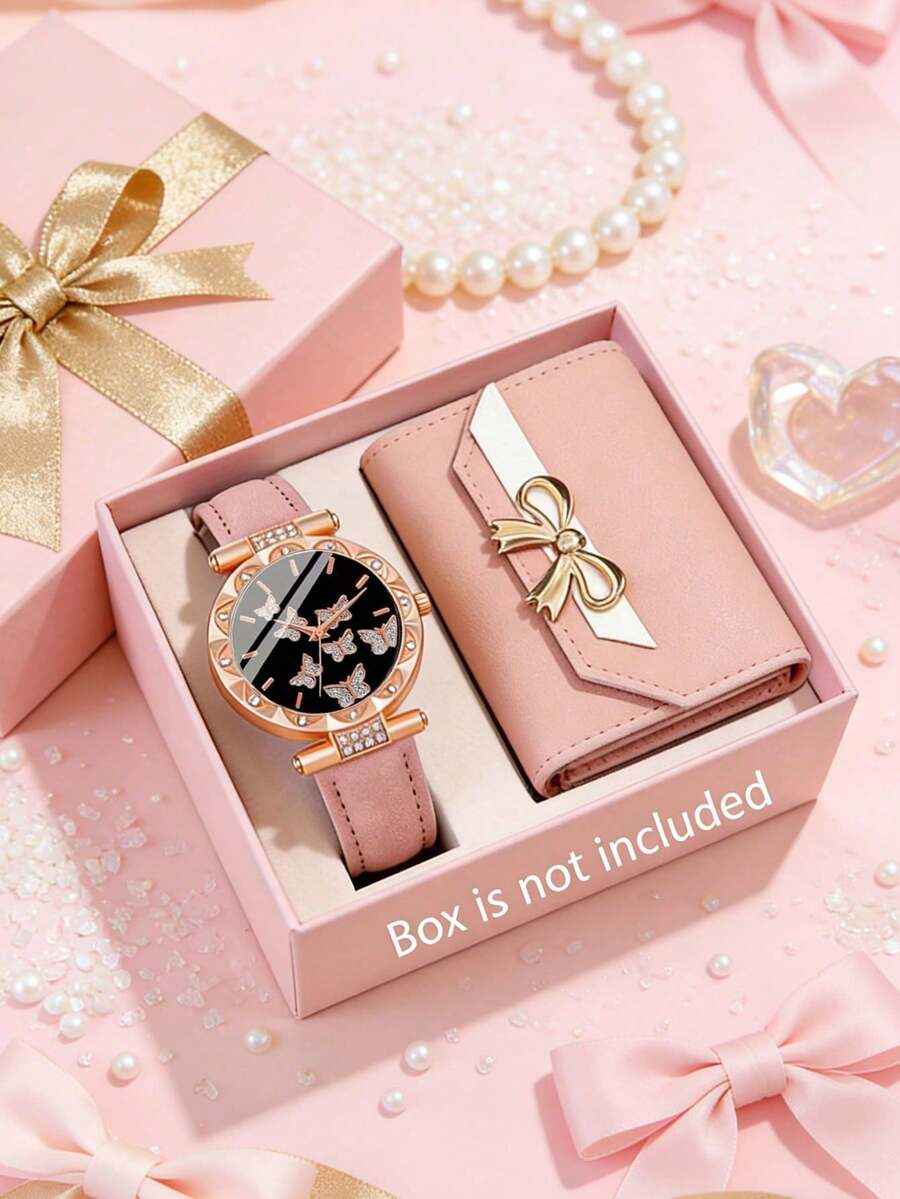 2/1pc Girl's Fashion Elegant Butterfly Dial Quartz Watch, Paired With Stylish Wallet, Suitable For Girls, Birthday/Holiday Gift, Suitable For Party, Vacation, Travel, Back To School And Daily Wear. Mother's Day, Valentine's Day, Perfect Gift For Family And Friends - Multicolor - View 1