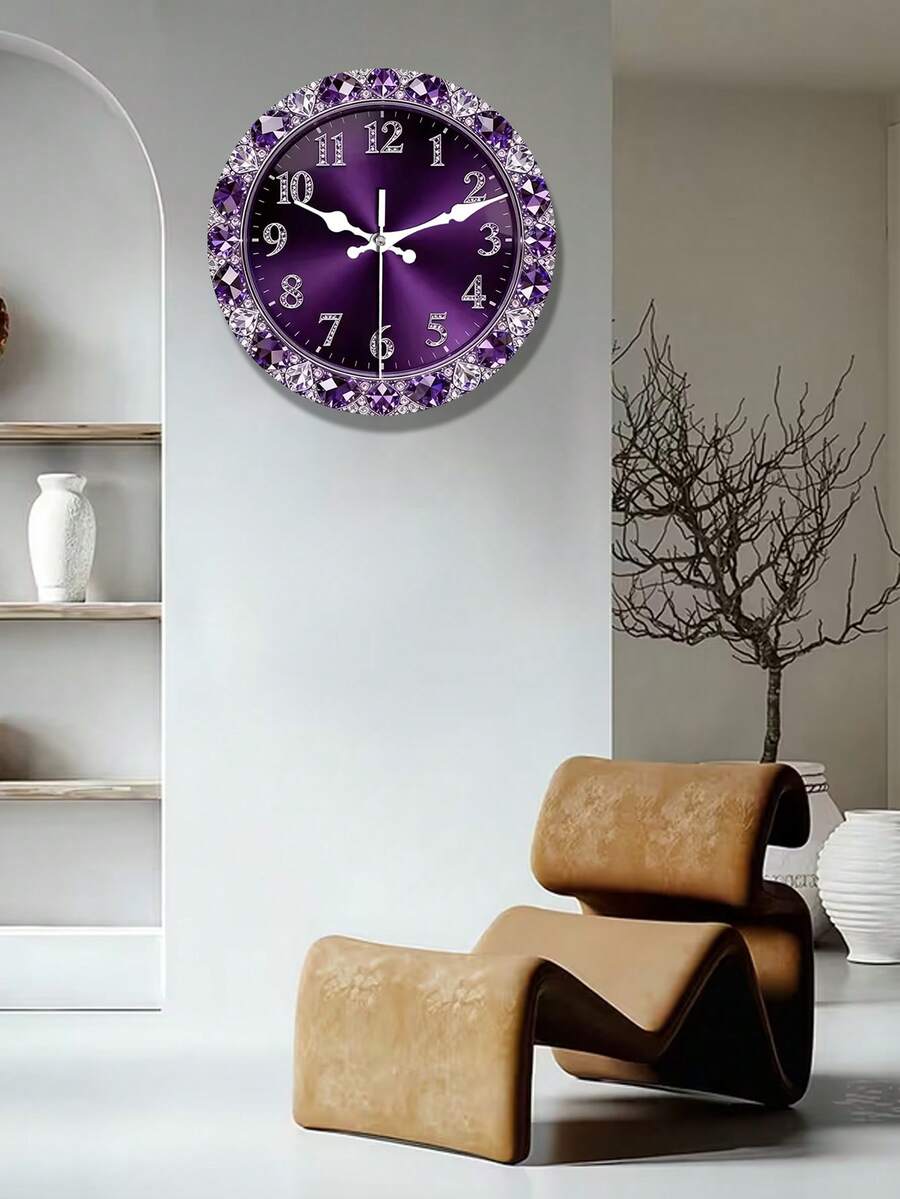 1pc Luxurious Purple Crystal And Diamond Floral Wall Clock | Quiet, Tick-Free, Battery-Powered, Round Modern Large Screen Manufactured Wood Clock For Living Room, Bedroom, Office Decor - Elegant Timepiece, 2D Flat Design - Multicolor - View 1