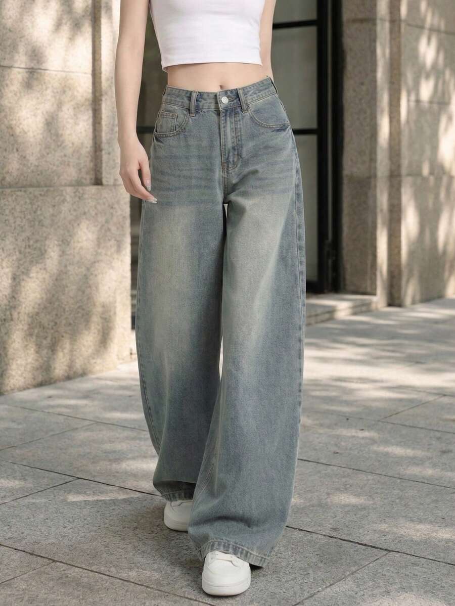 女士复古A字阔腿梨形修身宽松休闲牛仔裤 春季休闲 - 淺色水洗藍 - 查看 1