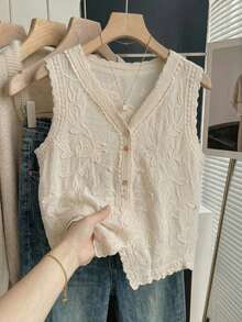 JIANHU 女士优雅波西米亚风刺绣蕾丝V领无袖背心，适合宗教节日、度假，打造时尚叠穿休闲造型 - 杏色 - 查看 1