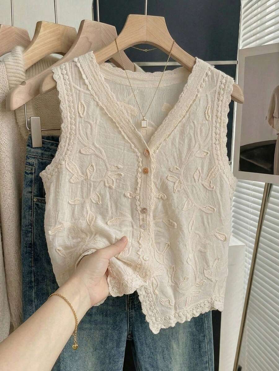 JIANHU 女士优雅波西米亚风刺绣蕾丝V领无袖背心，适合宗教节日、度假，打造时尚叠穿休闲造型 - 杏色 - 查看 1