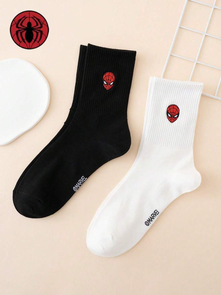Marvel 2 Pairs Men's Embroidered Cartoon Pattern Ankle Socks, Sports Socks, All Season, European Size, Comfortable Breathable Durable, Vibrant Colors, Suitable For Daily Wear, Quality Fabric Won't Cause Foot Discomfort - Black and White - View 1