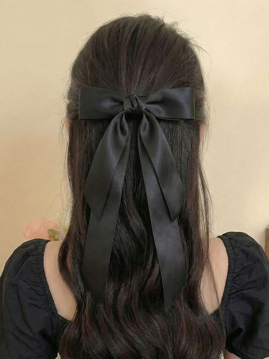 1件装女士简约优雅黑色双层蝴蝶结发夹，适合日常、派对和聚会搭配 - 黑色 - 查看 1