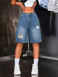 Quần đùi Bermuda denim rách rưới dành cho nữ - Màu xanh lam trung bình - Xem 2