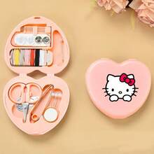 (Autorisé) Ensemble d'outils de couture Sanrio, mini boîte de rangement en forme de cœur, kit de couture artisanal Hello chat - Dessin animé - Voir 3