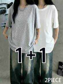 2件套 女士休闲宽松圆领纯色短袖T恤，春夏款 - 白色+淺花灰 - 查看 4
