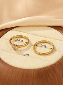 2 chiếc nhẫn thép không gỉ kiểu dáng tối giản màu vàng, đính đá Zirconia trắng, thích hợp cho nữ đeo hàng ngày hoặc làm quà tặng. - Vàng - Xem 4