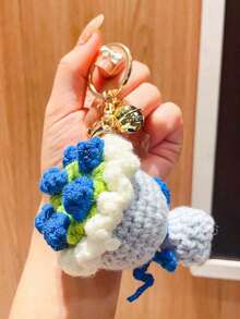 1pc Rose Flower Keychain, Vivid Bouquet Keyring Accessory, Golden Bell Car Key Chain,Knitted Bouquet Red Rose Bag Charm Pendant, Gift For Girls, Christmas, New Year, Valentine's Day Gifts ﻿ - 彩色 - 查看 6