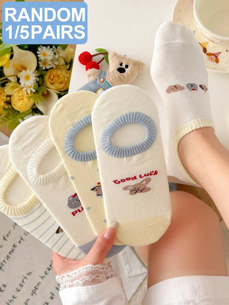 1/5 đôi tất nữ ngẫu nhiên họa tiết hoạt hình gấu chó, chất liệu silicon chống trượt, thoáng khí, thấm hút tốt, kiểu dáng thường ngày, dễ thương, miệng nông, không lộ nội y. - Nhiều màu - Xem 1