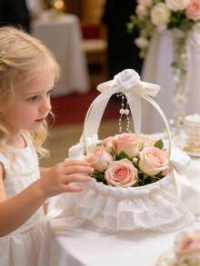 1pc White Lace Flower Basket, Compact Yet Spacious, Suitable For Children's Gifts, Party, Wedding, Baby Shower And Other Occasions - Multicolor - View 1