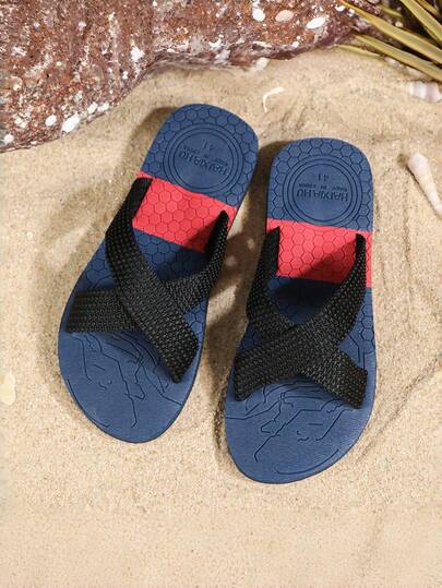 High Quality New Men's Thick Sole Striped Slippers, Beach Sandals, Flat Casual Slides, Suitable For Outdoor Travel