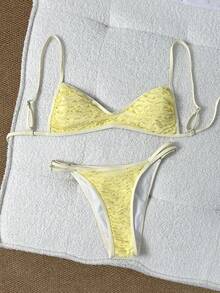 女款夏季海灘純色綁帶性感比基尼泳衣套裝 度假用 - 淺黃色 - 查看 1