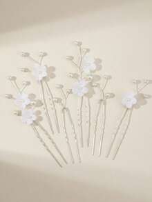6 Stücke/Set elegante weiße Stoff Blumen & Perlen Braut Haarspangen, silberne verdrehte Draht Haargabeln für Hochzeitsfrisuren, minimalistische silberne Braut Haarzubehör, 6 Stücke handgemachte Perlen & Stoff Blumen U-förmige Haarteile, Sommer, Strand, Festival, Party - Weiss - Übersicht 4