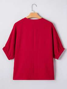 Acelitt Summer Racing Red Woven Trim V-Neck Casual Loose Short Sleeve Shirt - Burgundy - View 6