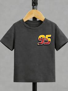 Disney Black Background Cars Lightning McQueen And Friends Flame Print Front And Back Design Kids' Short Sleeve T-Shirt - Playful And Cool Racing Style Top - 深灰色 - 查看 3