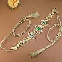 1pc Gorgeous Moroccan Caftan Belt Metal Waist Chain Handmade Tassel Rope Inlaid With Colorful Rhinestones Electroplated Gold Hollow Pattern Middle Eastern Turkish Vintage Women's Belt - Gold Rope Belt - View 5