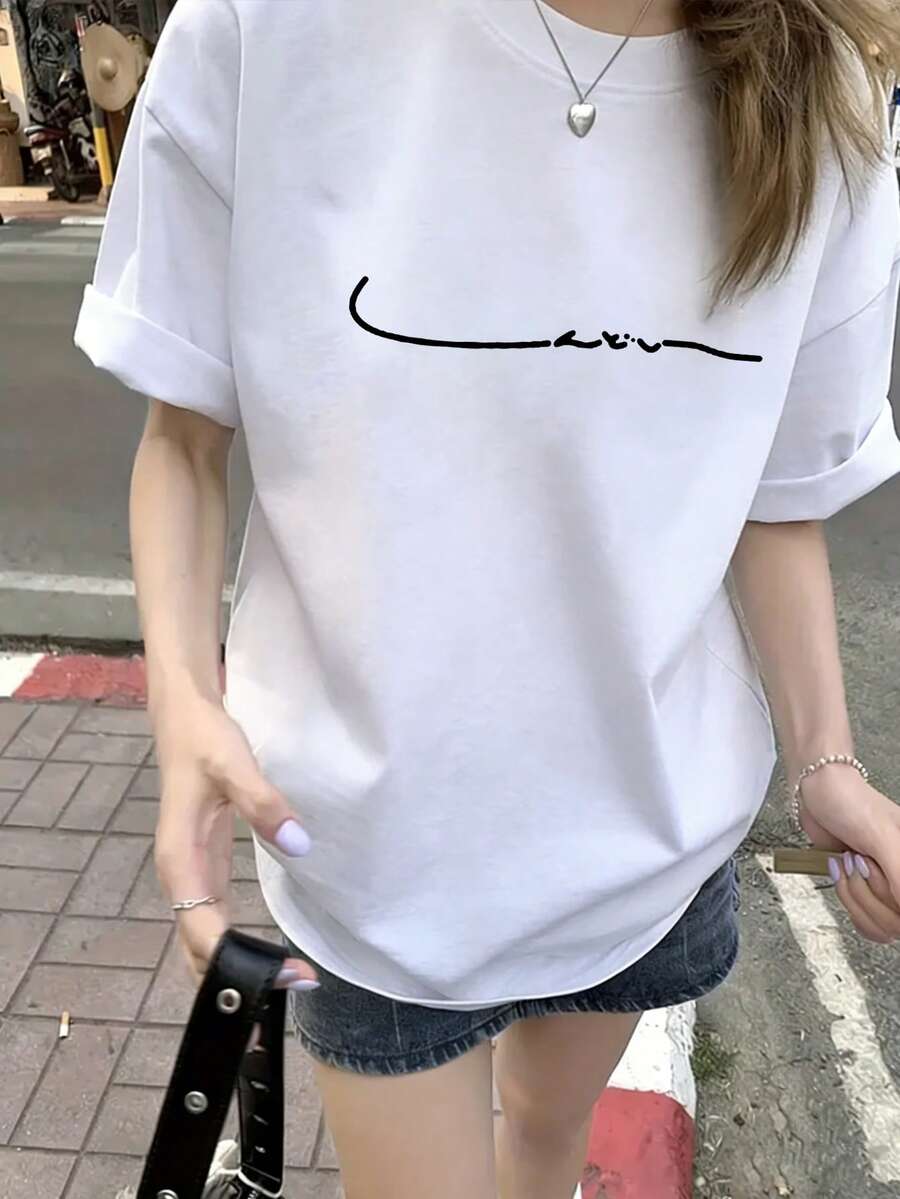 女款時尚休閒寬鬆圓領短袖T恤,極簡卡通印花,適合春夏白色 - 白色 - 查看 1