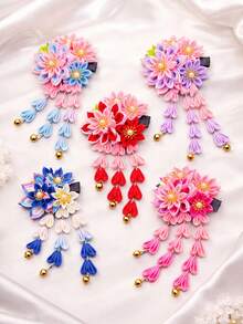 1 pièce Pince à cheveux style japonais avec pompon et fleur, accessoires de cheveux kimono vintage, épingles à cheveux florales en tissu faites à la main avec clochettes pour femmes et filles, ornements de cheveux japonais traditionnels pour cosplay, fête, port quotidien, voyage, anniversaire - Multicolore - Voir 1