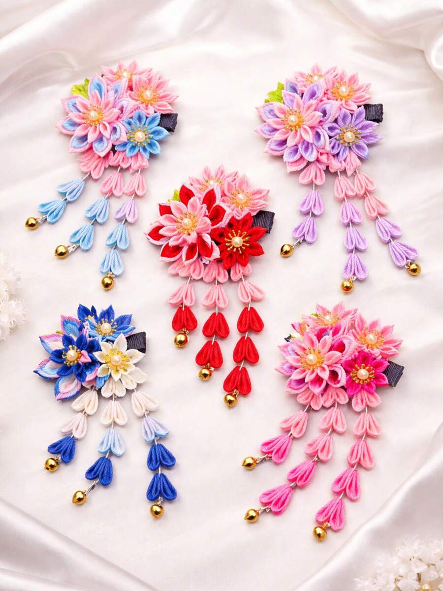 1 pièce Pince à cheveux style japonais avec pompon et fleur, accessoires de cheveux kimono vintage, épingles à cheveux florales en tissu faites à la main avec clochettes pour femmes et filles, ornements de cheveux japonais traditionnels pour cosplay, fête, port quotidien, voyage, anniversaire - Multicolore - Voir 1