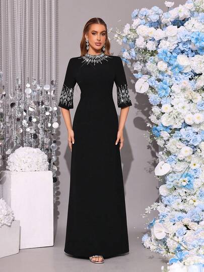 New Elegant Women's Black Formal Evening Gown, Fashionable Embellished Luxury Long Sleeve Maxi Dress