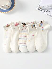 5 đôi tất nữ dễ thương, thoáng khí, làm từ lông cừu mohair, họa tiết hoạt hình động vật sọc, nơ và trái tim, kiểu tất ngắn, tất cổ ngắn, tất thuyền, tất thời trang kiểu Ins, tất trắng, tất kiểu sinh viên, thích hợp cho mặc hàng ngày vào mùa xuân và mùa hè. - Nhiều màu - Xem 9