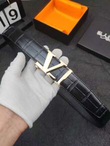 1 pièce Ceinture pour hommes avec boucle automatique en forme de V, grain d'alligator. Ceinture de robe décontractée de couleur unie pour usage décontracté, fête, voyage, longueur 120 cm - Noir - Voir 9