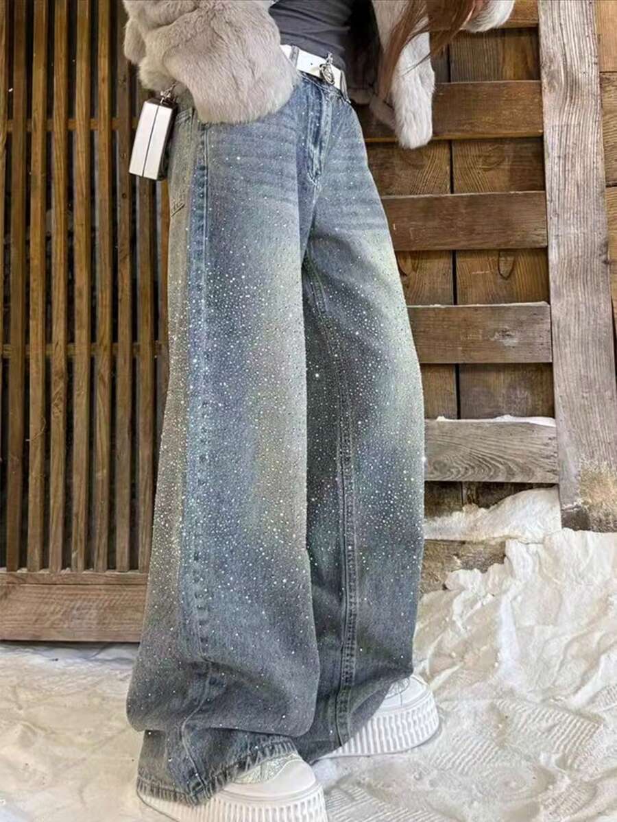 女士水钻装饰阔腿牛仔裤，休闲春季款 - 復古藍 - 查看 1