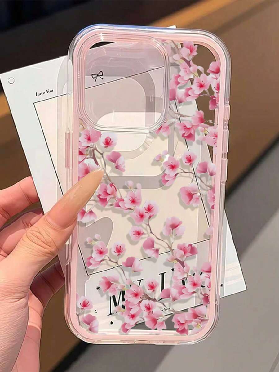 1個粉色桃花圖案透明軟邊全覆蓋TPU時尚手機保護殼,適用於iPhone11 12 13 14 15 16 17 Pro Max/Plus,精美禮物 - 彩色 - 查看 1