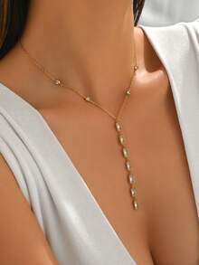 1pc Women's Stainless Steel Rectangular Cubic Zirconia Y-Shaped Necklace, 18K Gold Plated, Fashion Jewelry - Gold - View 3