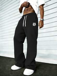 Men's Casual Pants With Letter Print And Drawstring Waist, Suitable For Daily Wear, Outing, And Sports - Black - View 6