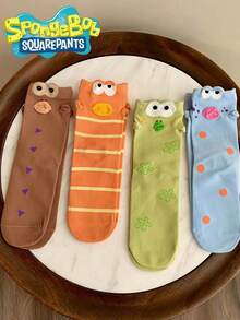 SpongeBob SquarePants 4双可爱Biqibao小丑鱼系列筒袜，卡通趣味袜子，彩色提花图案设计，方裤趣味运动棉袜，颜色随机，精选精梳棉材质 - 彩色 - 查看 6