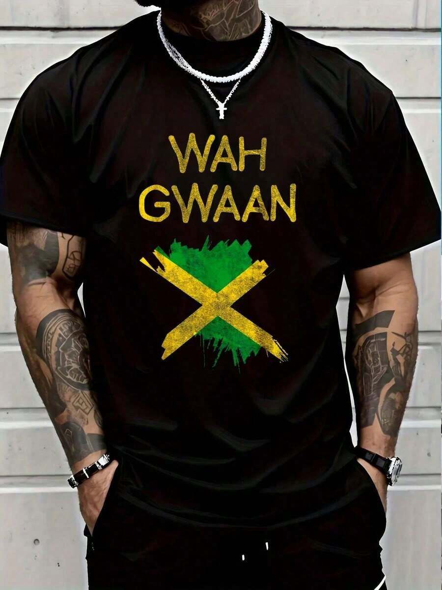 Wah Gwaan 100% Cotton T-Shirt With Jamaican Flag, Jamaican Pride, Reggae, Holiday Graphic Tee For Men And Women - 黑色 - 查看 1