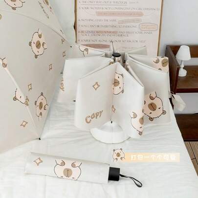 Fully Automatic Cute Capybara Umbrella, Cartoon Water Rat Folding Umbrella, Dual Use Rainproof & Sunshade Black Coating Umbrella