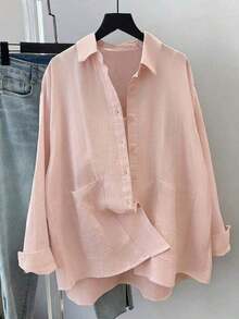 Women's Spring/Summer Fashion White Button-Up Shirt, Dropped Shoulder Long Sleeve Blouse, With Pockets, Woven Fabric, Loose Fit, Casual & Comfortable Regular Length Top - 淺粉色 - 查看 4