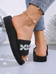 1 Pair Fabric Breathable Platform Slippers, Fashionable Comfortable Versatile Suitable For Teenage Girls In Summer - Black - View 4