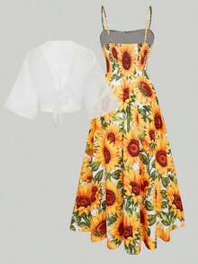 2pcs Women's Elegant Floral Chiffon Dress And Jacket Set, Romantic Outfit For Date And Vacation Spring - 多色 4 - 查看 3