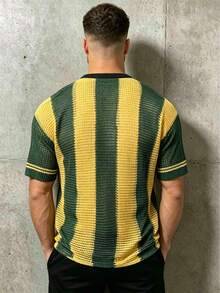 Vintage Sports Jersey V-Neck Striped Short Sleeve T-Shirt, Spring/Summer - Green - View 2