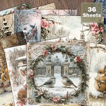 Hârtie pentru scrapbooking Cozy Winter Garden | 36 de coli vintage cu animale înzăpezite pentru meșteșuguri de sărbători, potrivite pentru colaj, proiecte origami, hârtie decorativă pentru DIY, scrapbooking, Bullet Journals, colaje artistice | Elemente naturale